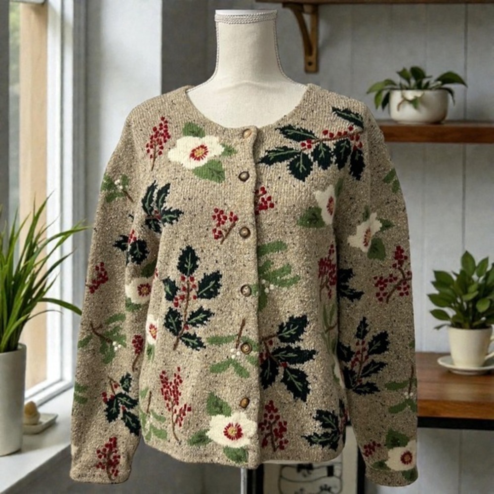 Northern Isles Floral‎ Knit Cardigan Wool Blend Cottagecore Sweater L